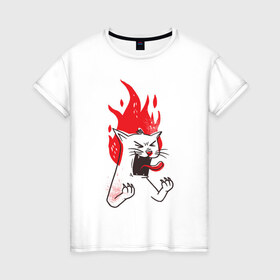 Женская футболка хлопок с принтом Злой Кот в Курске, 100% хлопок | прямой крой, круглый вырез горловины, длина до линии бедер, слегка спущенное плечо | angry | cat | fire | kitty | злой | злые | кот | котики | коты