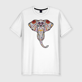 Мужская футболка хлопок Slim с принтом Слон - сахарный череп в Курске, 92% хлопок, 8% лайкра | приталенный силуэт, круглый вырез ворота, длина до линии бедра, короткий рукав | day of the dead | голова слона   сахарный череп | дня мертвых | мексиканский череп | розами | сердцем. дизайн для хэллоуина | украшенный цветами