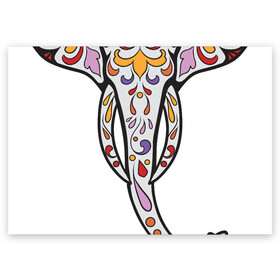 Поздравительная открытка с принтом Слон - сахарный череп в Курске, 100% бумага | плотность бумаги 280 г/м2, матовая, на обратной стороне линовка и место для марки
 | day of the dead | голова слона   сахарный череп | дня мертвых | мексиканский череп | розами | сердцем. дизайн для хэллоуина | украшенный цветами