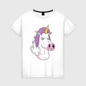 Женская футболка хлопок с принтом Злой Единорог в Курске, 100% хлопок | прямой крой, круглый вырез горловины, длина до линии бедер, слегка спущенное плечо | angry | angry unicorn | unicorn | единорог | злой | злой единорог | радуга