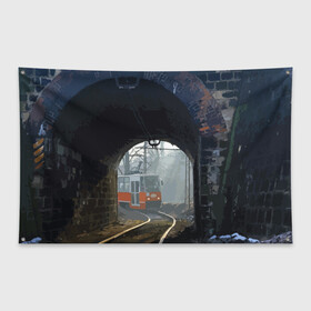 Флаг-баннер с принтом Трамвай в Курске, 100% полиэстер | размер 67 х 109 см, плотность ткани — 95 г/м2; по краям флага есть четыре люверса для крепления | rails | railway | tram | trees | tunnel | деревья | железная дорога | рельсы | тоннель | трамвай