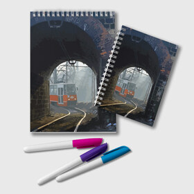 Блокнот с принтом Трамвай в Курске, 100% бумага | 48 листов, плотность листов — 60 г/м2, плотность картонной обложки — 250 г/м2. Листы скреплены удобной пружинной спиралью. Цвет линий — светло-серый
 | Тематика изображения на принте: rails | railway | tram | trees | tunnel | деревья | железная дорога | рельсы | тоннель | трамвай