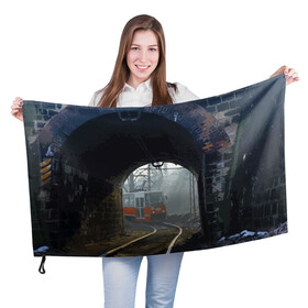 Флаг 3D с принтом Трамвай в Курске, 100% полиэстер | плотность ткани — 95 г/м2, размер — 67 х 109 см. Принт наносится с одной стороны | rails | railway | tram | trees | tunnel | деревья | железная дорога | рельсы | тоннель | трамвай
