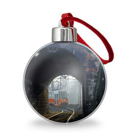 Ёлочный шар с принтом Трамвай в Курске, Пластик | Диаметр: 77 мм | rails | railway | tram | trees | tunnel | деревья | железная дорога | рельсы | тоннель | трамвай