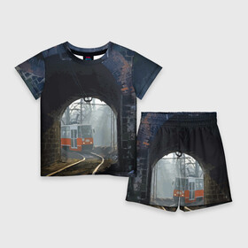 Детский костюм с шортами 3D с принтом Трамвай в Курске,  |  | rails | railway | tram | trees | tunnel | деревья | железная дорога | рельсы | тоннель | трамвай