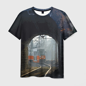 Мужская футболка 3D с принтом Трамвай в Курске, 100% полиэфир | прямой крой, круглый вырез горловины, длина до линии бедер | rails | railway | tram | trees | tunnel | деревья | железная дорога | рельсы | тоннель | трамвай
