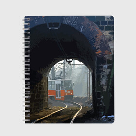Тетрадь с принтом Трамвай в Курске, 100% бумага | 48 листов, плотность листов — 60 г/м2, плотность картонной обложки — 250 г/м2. Листы скреплены сбоку удобной пружинной спиралью. Уголки страниц и обложки скругленные. Цвет линий — светло-серый
 | rails | railway | tram | trees | tunnel | деревья | железная дорога | рельсы | тоннель | трамвай