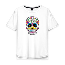 Мужская футболка хлопок Oversize с принтом Мексиканский череп - Skull в Курске, 100% хлопок | свободный крой, круглый ворот, “спинка” длиннее передней части | calavera | day of the dead | dia de los muertos | halloween | skull | sugar skull | готика | день мертвых | колдовство | мексиканский череп | мистика | подарок | сахарный череп | цветы | череп
