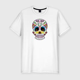 Мужская футболка хлопок Slim с принтом Мексиканский череп - Skull в Курске, 92% хлопок, 8% лайкра | приталенный силуэт, круглый вырез ворота, длина до линии бедра, короткий рукав | calavera | day of the dead | dia de los muertos | halloween | skull | sugar skull | готика | день мертвых | колдовство | мексиканский череп | мистика | подарок | сахарный череп | цветы | череп