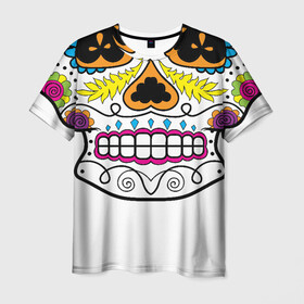 Мужская футболка 3D с принтом Мексиканский череп - Skull в Курске, 100% полиэфир | прямой крой, круглый вырез горловины, длина до линии бедер | calavera | day of the dead | dia de los muertos | halloween | skull | sugar skull | готика | день мертвых | колдовство | мексиканский череп | мистика | подарок | сахарный череп | цветы | череп