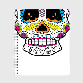 Тетрадь с принтом Мексиканский череп - Skull в Курске, 100% бумага | 48 листов, плотность листов — 60 г/м2, плотность картонной обложки — 250 г/м2. Листы скреплены сбоку удобной пружинной спиралью. Уголки страниц и обложки скругленные. Цвет линий — светло-серый
 | calavera | day of the dead | dia de los muertos | halloween | skull | sugar skull | готика | день мертвых | колдовство | мексиканский череп | мистика | подарок | сахарный череп | цветы | череп