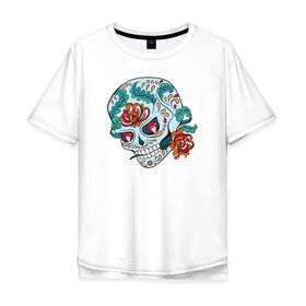 Мужская футболка хлопок Oversize с принтом Череп с цветами в Курске, 100% хлопок | свободный крой, круглый ворот, “спинка” длиннее передней части | Тематика изображения на принте: 8 марта | day of the dead | gothic | halloween | skull | sugar skull | день мертвых | женский череп | мексиканский череп | новый год | подарок | сахарный череп | хэллоуин | человек | череп девушки