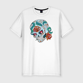 Мужская футболка хлопок Slim с принтом Череп с цветами в Курске, 92% хлопок, 8% лайкра | приталенный силуэт, круглый вырез ворота, длина до линии бедра, короткий рукав | 8 марта | day of the dead | gothic | halloween | skull | sugar skull | день мертвых | женский череп | мексиканский череп | новый год | подарок | сахарный череп | хэллоуин | человек | череп девушки