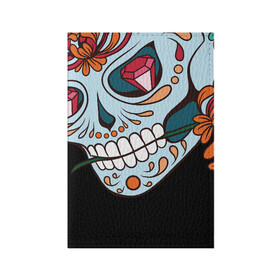 Обложка для паспорта матовая кожа с принтом Череп с цветами в Курске, натуральная матовая кожа | размер 19,3 х 13,7 см; прозрачные пластиковые крепления | 8 марта | day of the dead | gothic | halloween | skull | sugar skull | день мертвых | женский череп | мексиканский череп | новый год | подарок | сахарный череп | хэллоуин | человек | череп девушки