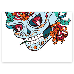 Поздравительная открытка с принтом Череп с цветами в Курске, 100% бумага | плотность бумаги 280 г/м2, матовая, на обратной стороне линовка и место для марки
 | 8 марта | day of the dead | gothic | halloween | skull | sugar skull | день мертвых | женский череп | мексиканский череп | новый год | подарок | сахарный череп | хэллоуин | человек | череп девушки