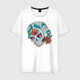 Мужская футболка хлопок с принтом Череп с цветами в Курске, 100% хлопок | прямой крой, круглый вырез горловины, длина до линии бедер, слегка спущенное плечо. | 8 марта | day of the dead | gothic | halloween | skull | sugar skull | день мертвых | женский череп | мексиканский череп | новый год | подарок | сахарный череп | хэллоуин | человек | череп девушки