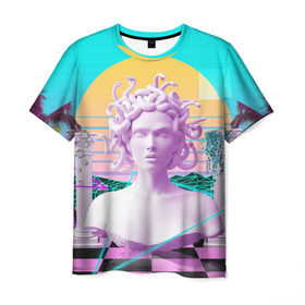 Мужская футболка 3D с принтом Медуза Горгона в Курске, 100% полиэфир | прямой крой, круглый вырез горловины, длина до линии бедер | vaporwave | медуза горгона | неон | пальмы | скульптура | существо