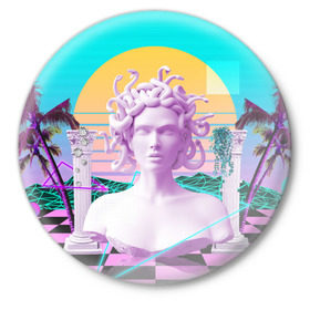 Значок с принтом Медуза Горгона в Курске,  металл | круглая форма, металлическая застежка в виде булавки | vaporwave | медуза горгона | неон | пальмы | скульптура | существо