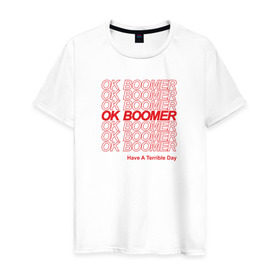 Мужская футболка хлопок с принтом OK BOOMER (RED) в Курске, 100% хлопок | прямой крой, круглый вырез горловины, длина до линии бедер, слегка спущенное плечо. | Тематика изображения на принте: boomer | boomers | generation | internet | meme | ok | ok boomer | young | бумеры | зумеры | интернет | мем | молодежь | ок | ок бумер | окей бумер | поколение