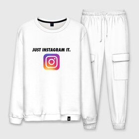 Мужской костюм хлопок с принтом Just Instagram It в Курске, 100% хлопок | на свитшоте круглая горловина, мягкая резинка по низу. Брюки заужены к низу, на них два вида карманов: два “обычных” по бокам и два объемных, с клапанами, расположенные ниже линии бедра. Брюки с мягкой трикотажной резинкой на поясе и по низу штанин. В поясе для дополнительного комфорта — широкие завязки | app | blogger | filter | instagram | mask | media | photo | social | video | блогер | видео | инста | инстаграм | маска | приложение | сеть | социальная | фильтр | фотография