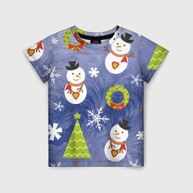 Детская футболка 3D с принтом Снеговики и ёлочки в Курске, 100% гипоаллергенный полиэфир | прямой крой, круглый вырез горловины, длина до линии бедер, чуть спущенное плечо, ткань немного тянется | 2020 | christmas | happy | merry | new year | в подарок | детский | елки | милый | новый год | поздравить | рождество | с новым годом | с рождеством | снеговик | снеговики | снежинки