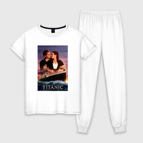 Женская пижама хлопок с принтом Titanic в Курске, 100% хлопок | брюки и футболка прямого кроя, без карманов, на брюках мягкая резинка на поясе и по низу штанин | cameron | dawson | dicaprio | jack | james | kate | leonardo | liner | ocean | rose | titanic | джеймс | джек | дикаприо | доусон | кейт | кэмерон | лайнер | леонардо | океан | роза | титаник | уинслет