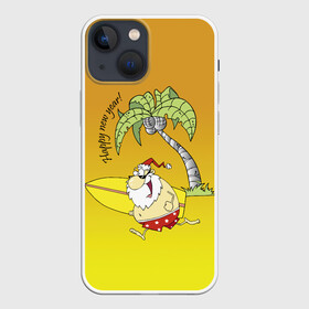 Чехол для iPhone 13 mini с принтом Happy New Year в Курске,  |  | Тематика изображения на принте: beach | beard | cap | coconut | eyes | merry christmas | moustache | new year | nose | palma | pants | run | santa claus | serf | tounge | борода | дед мороз | кокос | пальма | санта клаус | серф | трусы | усы