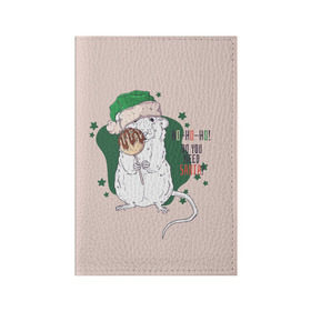 Обложка для паспорта матовая кожа с принтом Санта крыса в Курске, натуральная матовая кожа | размер 19,3 х 13,7 см; прозрачные пластиковые крепления | 