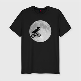 Мужская футболка премиум с принтом T-rex Riding a Bike в Курске, 92% хлопок, 8% лайкра | приталенный силуэт, круглый вырез ворота, длина до линии бедра, короткий рукав | moon | велосипед | дино | динозавр | кино | космос | луна | парк юрского периода | планета | тень | тирекс | фильм | юрский период