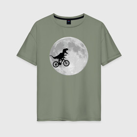 Женская футболка хлопок Oversize с принтом T-rex Riding a Bike в Курске, 100% хлопок | свободный крой, круглый ворот, спущенный рукав, длина до линии бедер
 | moon | велосипед | дино | динозавр | кино | космос | луна | парк юрского периода | планета | тень | тирекс | фильм | юрский период