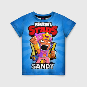 Детская футболка 3D с принтом BRAWL STARS SANDY в Курске, 100% гипоаллергенный полиэфир | прямой крой, круглый вырез горловины, длина до линии бедер, чуть спущенное плечо, ткань немного тянется | brawl stars | brawl stars sandy | brawler | sandy | бравл старз | бравлер | сэнди