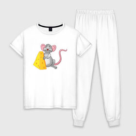 Женская пижама хлопок с принтом Мышка с сыром в Курске, 100% хлопок | брюки и футболка прямого кроя, без карманов, на брюках мягкая резинка на поясе и по низу штанин | 