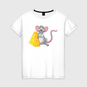 Женская футболка хлопок с принтом Мышка с сыром в Курске, 100% хлопок | прямой крой, круглый вырез горловины, длина до линии бедер, слегка спущенное плечо | 