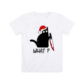 Детская футболка хлопок с принтом Новогодний кот с ножом в Курске, 100% хлопок | круглый вырез горловины, полуприлегающий силуэт, длина до линии бедер | cat | kitten | knife | what | дед мороз | кетчуп | кот | котёнок | кошка | кровь | новы год | нож | рождество | что | шапка