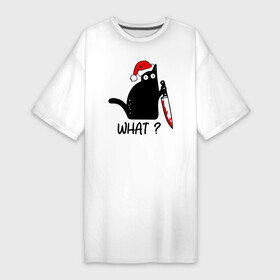 Платье-футболка хлопок с принтом Новогодний кот с ножом в Курске,  |  | cat | kitten | knife | what | дед мороз | кетчуп | кот | котёнок | кошка | кровь | новы год | нож | рождество | что | шапка