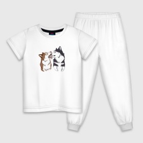 Детская пижама хлопок с принтом Две Хаски в Курске, 100% хлопок |  брюки и футболка прямого кроя, без карманов, на брюках мягкая резинка на поясе и по низу штанин
 | Тематика изображения на принте: две хаски | друзья | питомцы | рисунок | собаки | хаски