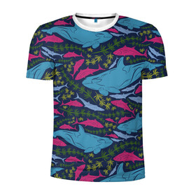Мужская футболка 3D спортивная с принтом Касатки в Курске, 100% полиэстер с улучшенными характеристиками | приталенный силуэт, круглая горловина, широкие плечи, сужается к линии бедра | Тематика изображения на принте: водоросли | касатки | киты | море | океан | под водой | рыбы