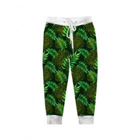 Детские брюки 3D с принтом Зеленые тропики в Курске, 100% полиэстер | манжеты по низу, эластичный пояс регулируется шнурком, по бокам два кармана без застежек, внутренняя часть кармана из мелкой сетки | гавайи | листья | листья пальм | пальмы | тропики