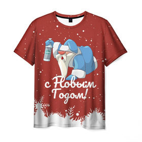 Мужская футболка 3D с принтом Пьяный Дед Мороз в Курске, 100% полиэфир | прямой крой, круглый вырез горловины, длина до линии бедер | Тематика изображения на принте: 