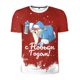 Мужская футболка 3D спортивная с принтом Пьяный Дед Мороз в Курске, 100% полиэстер с улучшенными характеристиками | приталенный силуэт, круглая горловина, широкие плечи, сужается к линии бедра | Тематика изображения на принте: 