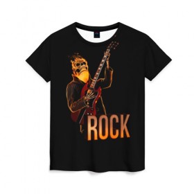 Женская футболка 3D с принтом rock в Курске, 100% полиэфир ( синтетическое хлопкоподобное полотно) | прямой крой, круглый вырез горловины, длина до линии бедер | rock | skull | гитара | огонь | рок | скелет | череп