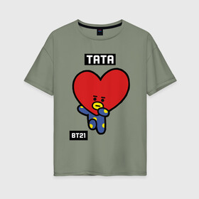 Женская футболка хлопок Oversize с принтом TATA BT21 в Курске, 100% хлопок | свободный крой, круглый ворот, спущенный рукав, длина до линии бедер
 | Тематика изображения на принте: bt21 | bts | chimmy | cooky | koya | love yourself. | mang | rj | shooky | tata | бт21 | бтс
