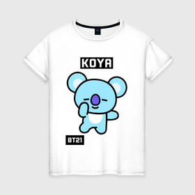 Женская футболка хлопок с принтом KOYA BT21 в Курске, 100% хлопок | прямой крой, круглый вырез горловины, длина до линии бедер, слегка спущенное плечо | bt21 | bts | chimmy | cooky | koya | love yourself. | mang | rj | shooky | tata | бт21 | бтс