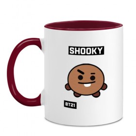 Кружка двухцветная с принтом SHOOKY BT21 в Курске, керамика | объем — 330 мл, диаметр — 80 мм. Цветная ручка и кайма сверху, в некоторых цветах — вся внутренняя часть | Тематика изображения на принте: bt21 | bts | chimmy | cooky | koya | love yourself. | mang | rj | shooky | tata | бт21 | бтс