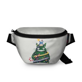 Поясная сумка 3D с принтом Новогодний Totoro в Курске, 100% полиэстер | плотная ткань, ремень с регулируемой длиной, внутри несколько карманов для мелочей, основное отделение и карман с обратной стороны сумки застегиваются на молнию | 