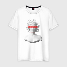 Мужская футболка хлопок с принтом Медуза Горгона в Курске, 100% хлопок | прямой крой, круглый вырез горловины, длина до линии бедер, слегка спущенное плечо. | девушка | медуза горгона | миф | полосы | скульптура | стиль