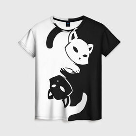 Женская футболка 3D с принтом ДВА КОТА КУВЫРКАЮТСЯ в Курске, 100% полиэфир ( синтетическое хлопкоподобное полотно) | прямой крой, круглый вырез горловины, длина до линии бедер | black white | два кота кувыркаются | животные | котики | коты | черно белое