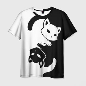 Мужская футболка 3D с принтом ДВА КОТА КУВЫРКАЮТСЯ. в Курске, 100% полиэфир | прямой крой, круглый вырез горловины, длина до линии бедер | black white | два кота кувыркаются | животные | котики | коты | черно белое