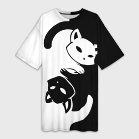 Платье-футболка 3D с принтом ДВА КОТА КУВЫРКАЮТСЯ. в Курске,  |  | black white | два кота кувыркаются | животные | котики | коты | черно белое