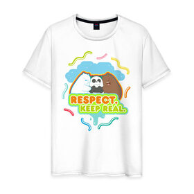 Мужская футболка хлопок с принтом Respect keep real в Курске, 100% хлопок | прямой крой, круглый вырез горловины, длина до линии бедер, слегка спущенное плечо. | Тематика изображения на принте: baby bears | bare bears | charle and bears | dsgngerzen | grizz | isebear | panda | panpan | selfie panpan | vdgerir | вся правда о медведях